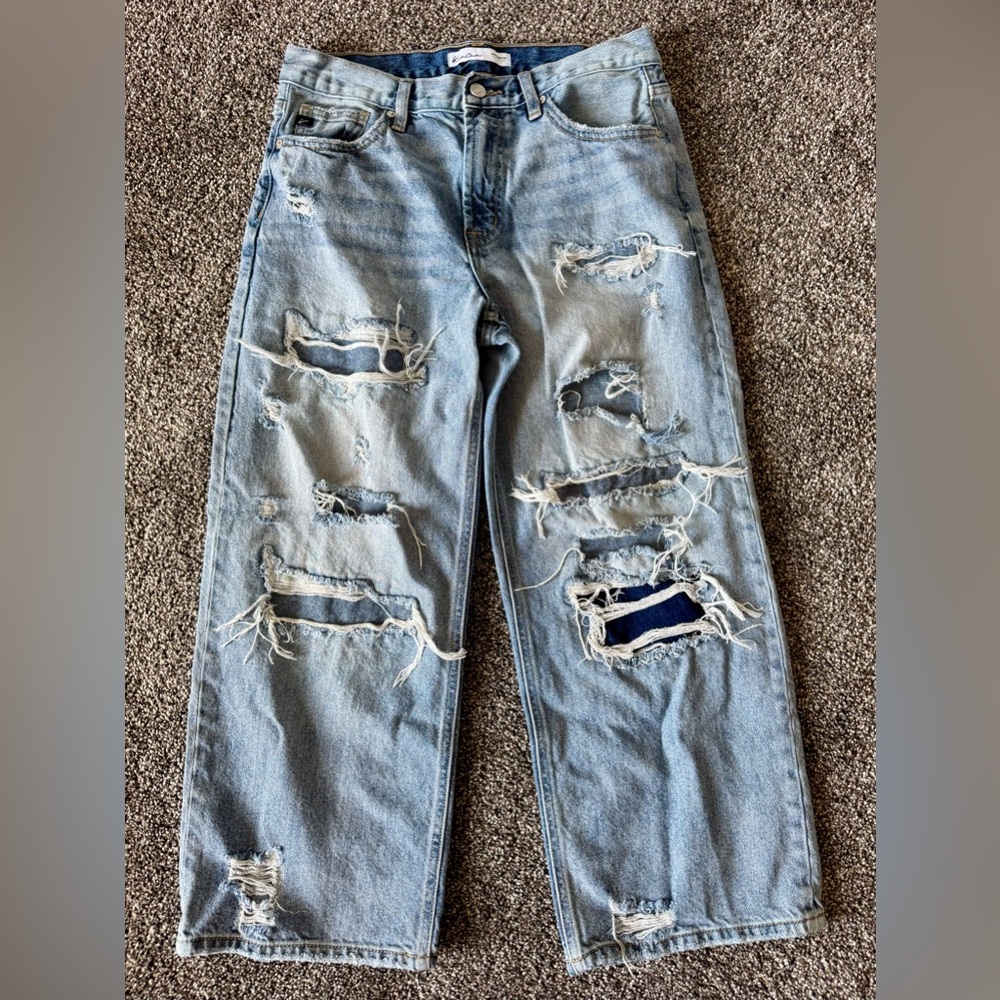 KanCan Ripped High Rise Wide Leg Cropped Jeans Light Wash Size 27